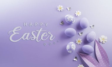 Paskalya partisi konsepti. Paskalya tavşanı kulakları ve renkli yumurtaların en üst görüntüsü..