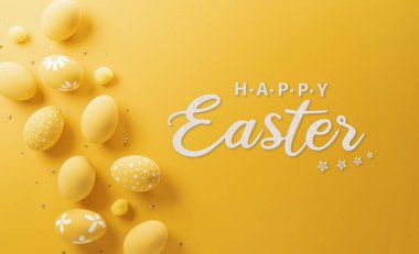 Happy easter! Colourful Easter eggs on yellow background. Decoration concept for greetings and presents on Easter Day celebrate time.