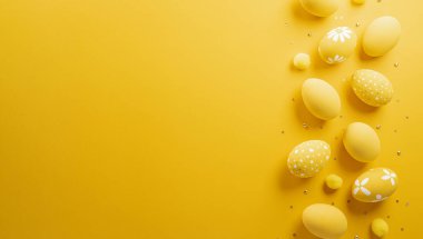 Happy easter! Colourful Easter eggs on yellow background. Decoration concept for greetings and presents on Easter Day celebrate time.