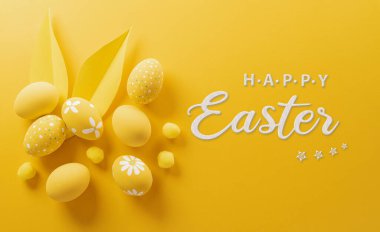 Happy easter! Colourful Easter eggs on yellow background. Decoration concept for greetings and presents on Easter Day celebrate time.