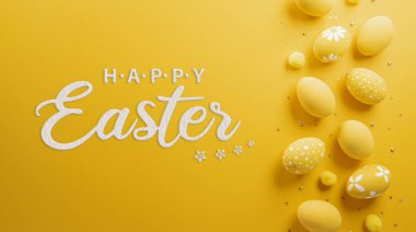 Happy easter! Colourful Easter eggs on yellow background. Decoration concept for greetings and presents on Easter Day celebrate time.