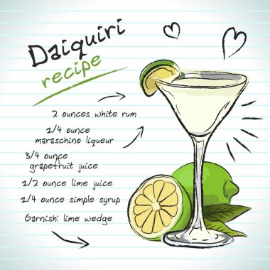 Daiquiri kokteyli, vektör çizimi el çizimi çizimi, taze yaz alkollü içecek tarifi ve meyveli.