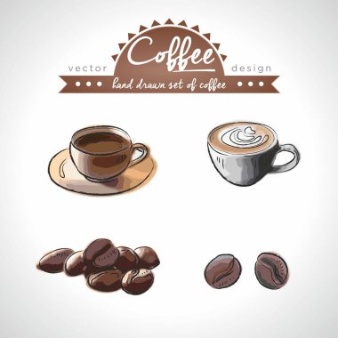 Kahve fincanı ve kahve fincanı koleksiyonu. Vektör çizimi. İzole edilmiş