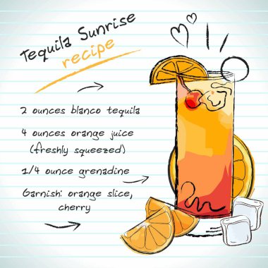 Tekila Gündoğumu kokteyli, vektör çizimi el çizimi illüstrasyon, tarifli ve meyveli taze yaz alkollü içecek.