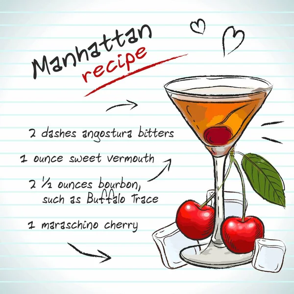 Manhattanský Koktejl Vektorový Náčrtek Ručně Kreslené Ilustrace Čerstvý Letní Alkoholický — Stockový vektor