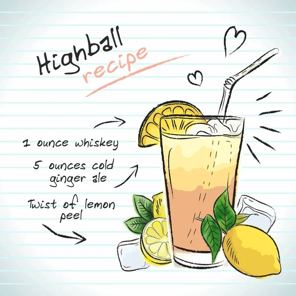 Cocktail Highball Desenho Vetorial Ilustração Desenhada Mão Bebida Alcoólica Fresca — Vetor de Stock