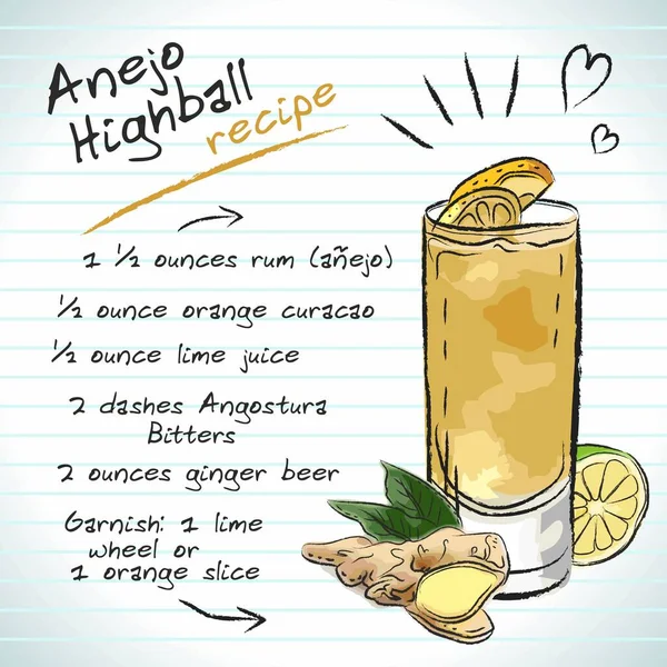 Anejo Highball Cocktail Vector Sketch Εικονογράφηση Χέρι Φρέσκο Καλοκαιρινό Αλκοολούχο — Διανυσματικό Αρχείο