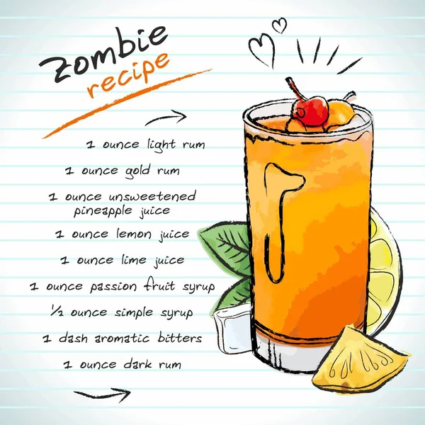Zombie Koktejl Vektorový Náčrtek Ručně Kreslené Ilustrace Čerstvý Letní Alkoholický — Stockový vektor