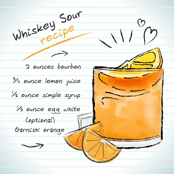 Whiskey Sour Cocktail Vector Sketch Εικονογράφηση Ζωγραφισμένη Στο Χέρι Φρέσκο — Διανυσματικό Αρχείο