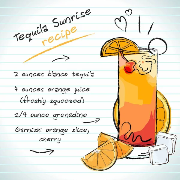 Tequila Sunrise Koktajl Wektor Szkic Ręcznie Rysowane Ilustracja Świeży Letni — Wektor stockowy