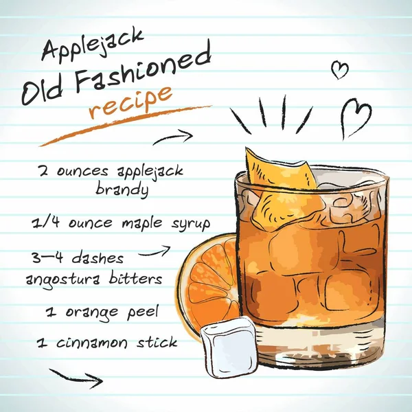 Applejack Old Fashioned Cocktail Vektorskizze Handgezeichnete Illustration Frisches Alkoholisches Sommergetränk — Stockvektor