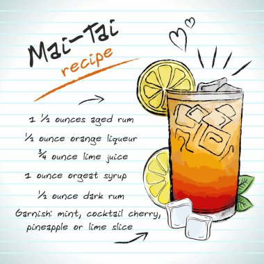 Mai Tai kokteyli, vektör çizimi el çizimi illüstrasyon, taze yaz alkollü içecek tarifi ve meyveli.