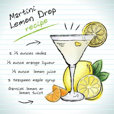 Lemon Drop Martini kokteyli, vektör çizimi el çizimi çizimi illüstrasyon, taze yaz alkollü içecek tarifi ve meyveli.