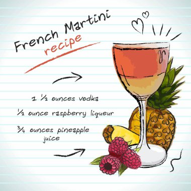Fransız Martini kokteyli, vektör çizimi el çizimi çizimi, taze yaz alkollü içecek tarifi ve meyveli.