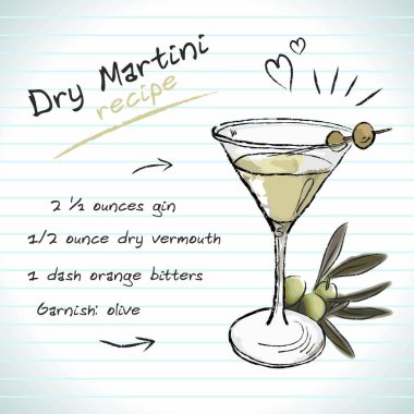 Kuru Martini kokteyli, vektör çizimi el çizimi illüstrasyon, taze yaz alkollü içecek tarifi ve meyveli.