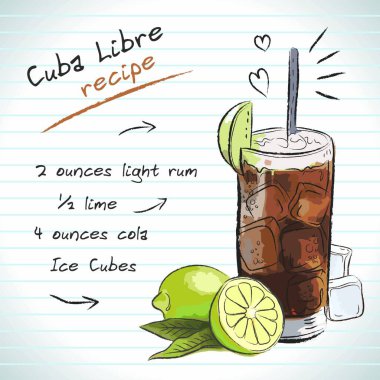 Küba Libre kokteyli, vektör çizimi el çizimi illüstrasyon, tarifli ve meyveli taze yaz alkollü içeceği.