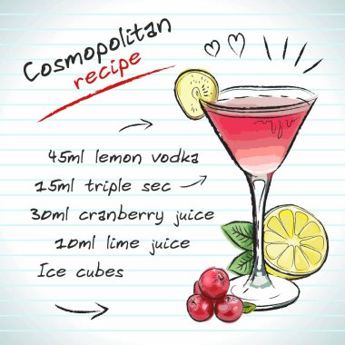 Cosmopolitan kokteyli, vektör çizimi el çizimi çizimi, taze yaz alkollü içecek tarifi ve meyveli.