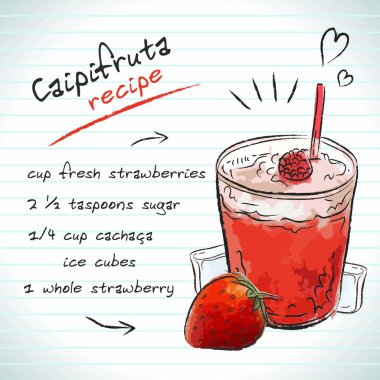 Caipifruta kokteyli, vektör çizimi el çizimi, tarifli ve meyveli taze yaz alkollü içeceği.