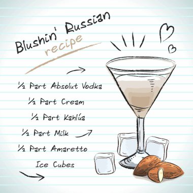 Utangaç Rus kokteyli, vektör çizimi el çizimi çizimi, taze yaz alkollü içecek tarifi ve meyveli.