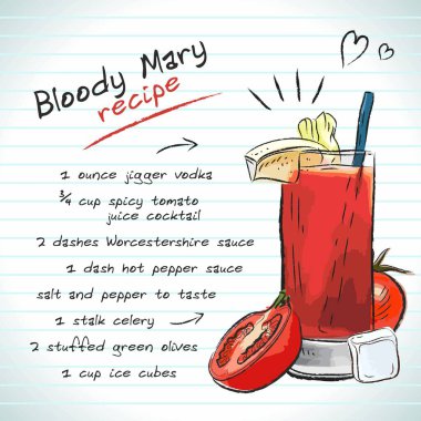 Bloody Mary kokteyli, vektör çizimi el çizimi çizimi, taze yaz alkollü içecek tarifi ve meyveli.