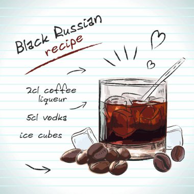 Siyah Rus kokteyli, vektör çizimi el çizimi illüstrasyon, taze yaz alkollü içecek tarifi ve meyveli.