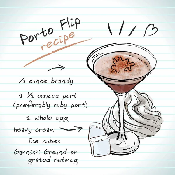 Porto Flip Cocktail Vektor Skiss Handritad Illustration Färsk Sommar Alkoholhaltig — Stock vektor