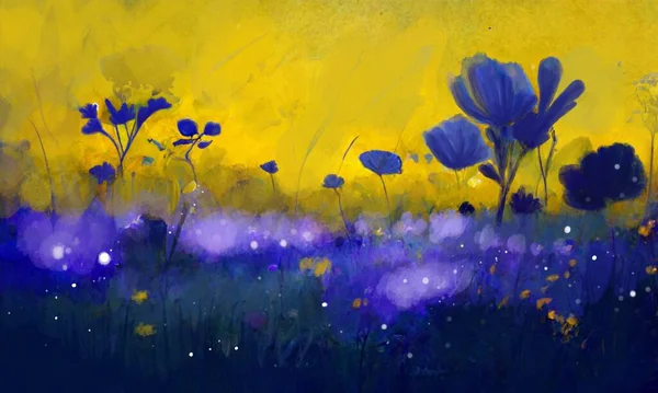 stock image digital hand drawn of purple and  blue flower meadow with light bokeh background in magical fantasy atmosphere