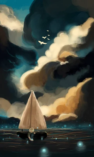 At Ease Under Storm Cloud. Digital hand drawn illustration of a child on little boat under storm cloud and glitter glow light of firefly.