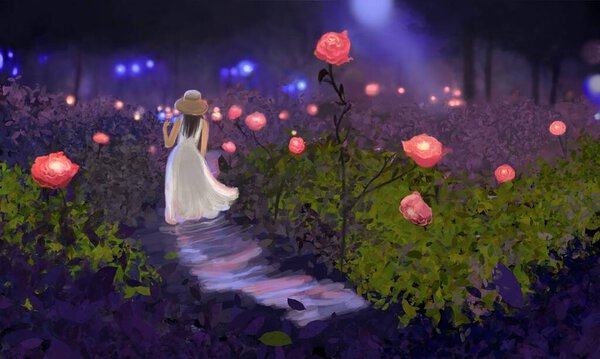 Secret Passage 2 . Digital hand drawn illustration of woman in white dress walk on rose passage with magical moment.