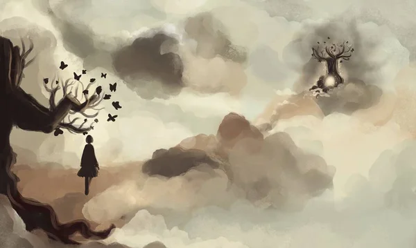 Journey of Soul. Digital hand painted of heavenly scene , silhouette of a woman walking on cloud to the light at the tree