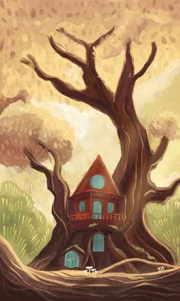 Digitální Ručně Kreslený Velký Stromový Dům Uprostřed Podzimního Lesa Teplým — Stock fotografie