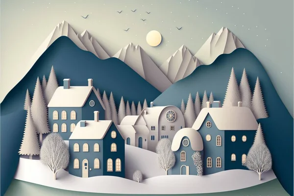 paper craft cutting style 3d illustration art of beautiful cozy house in winter frost village in valley, countryside at dusk or dawn