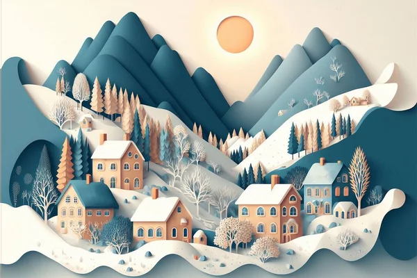 paper craft cutting style 3d illustration art of beautiful cozy house in winter frost village in valley, countryside at dusk or dawn