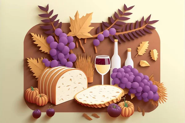 Illustration in paper cut craft style of bread and wine symbolize of Eucharist