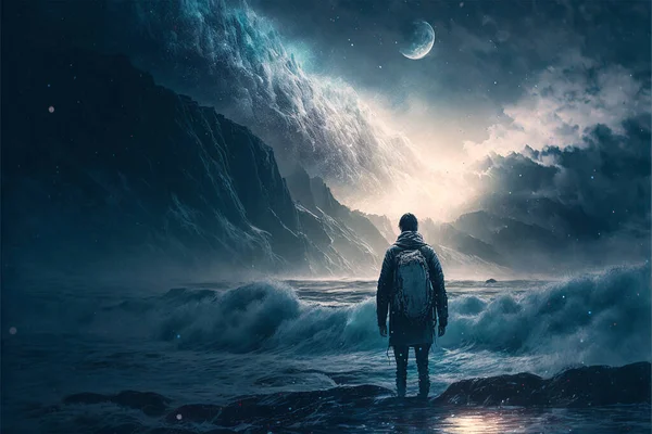a man faced with big wave in cold weather at night time
