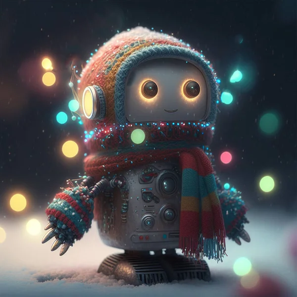 cute robot wearing scarf on snowy night with bokeh light of Christmas light as background