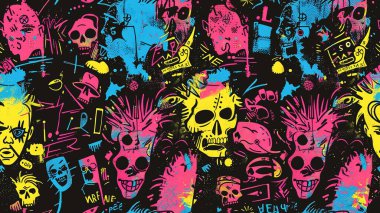 punk pop rock tarzı elementler renk sıçramalı soyut arkaplan, pürüzsüz desenli fayans