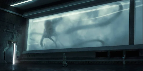 Secret laboratory environment with scientists and an alien (monster) behind glass.