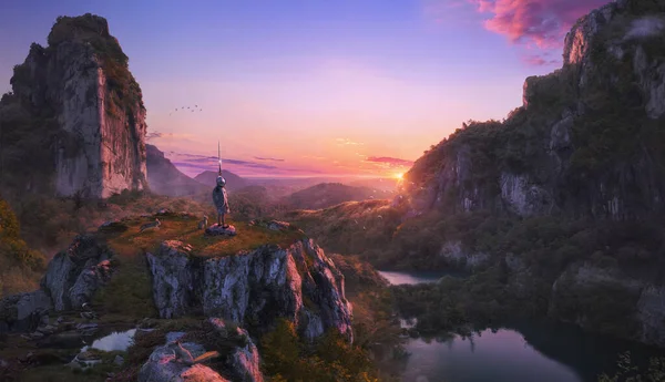 A child warrior (hero) protecting the environment in a beautiful sunset landscape in the purple sky full of nature with mountains and animals
