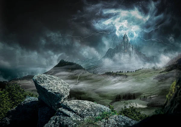 Great castle dark with strong rays and lightning