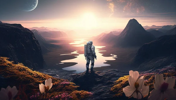 Astronauta Nowej Planecie Pięknym Krajobrazem Górami Rzekami — Zdjęcie stockowe