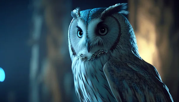 Beautiful portrait of a mysterious owl in the forest with night light
