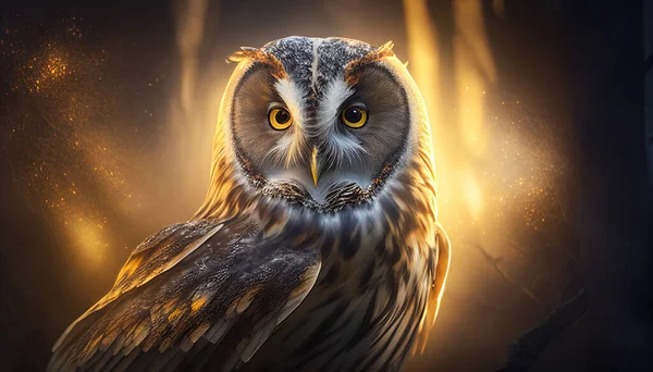Beautiful Portrait Mysterious Owl Night Forest Yellow Orange Light — Stock Photo, Image