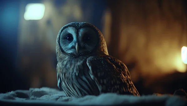 Ormanda gece lambasıyla gizemli bir baykuşun güzel portresi.