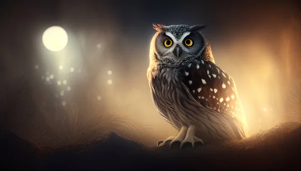 Gece ormanında sarı ve turuncu ışıklı gizemli bir baykuşun güzel portresi.
