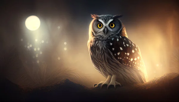 Beautiful portrait of a mysterious owl in the night forest with yellow and orange light