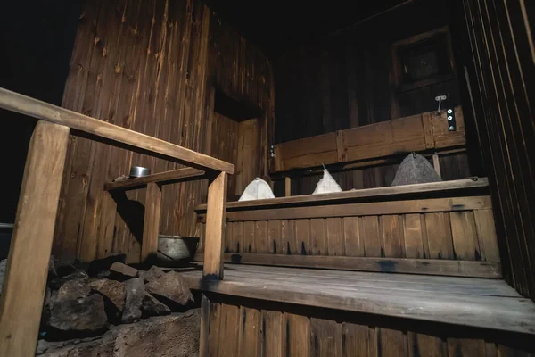 Russian Wooden Bathhouse Sauna Stone Stove Spa Accessories — стокове фото