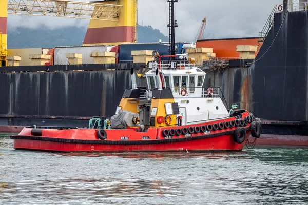 Rebocador Empurrar Grande Navio Carga Que Chegou Doca Porto Conceito — Fotografia de Stock