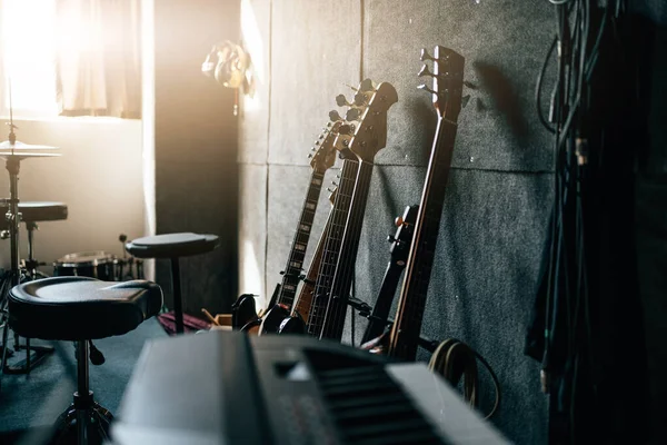 Music instruments in room. Sound recording studio background.