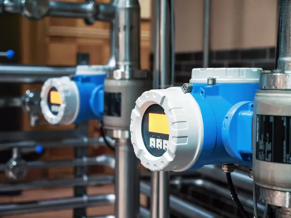 stock image Digital flow meters in brewery, modern technology for monitoring and controlling the beer brewing process.